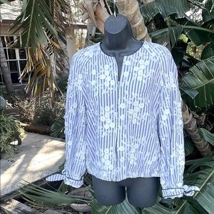 striped and soutache floral bomber jacket with tie sleeves